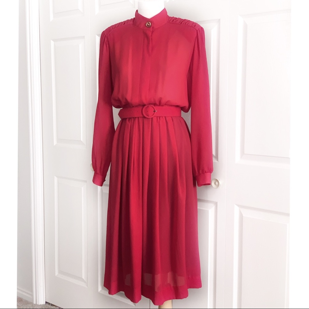 Vintage Red 80s Modest Sheer Long Sleeved Belted and Shoulder Pads Dress